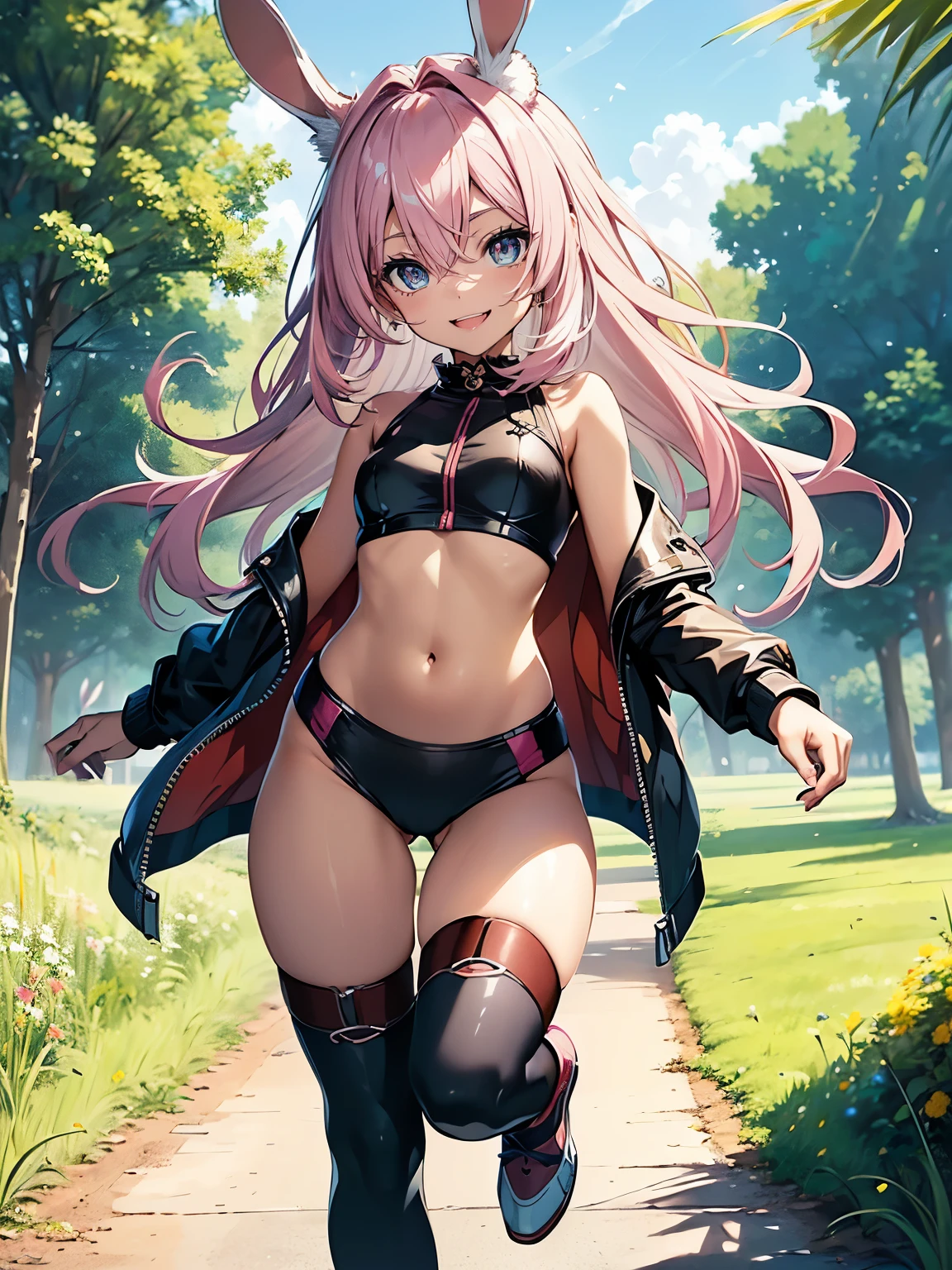 ((Seductive Anime Girl:1.3, solo:1.5))、((age girl:1.2))、((fusion of rabbit and girl:1.4))、((Running:1.3, ))、((happy smile:1.3))、energetic、((pink color, leather clothes))、((Being in grassland:1.3)), erect nipples、((open clothes:1.2))、((crop top navel:1.2))、((small breasts))、((sleeveless:1.2))、((Glossy realistic skin texture))、((full body))、masterpiece, ultra-detailliert, 8k, hiquality, Top image quality, digitial illustration, Smooth texture
