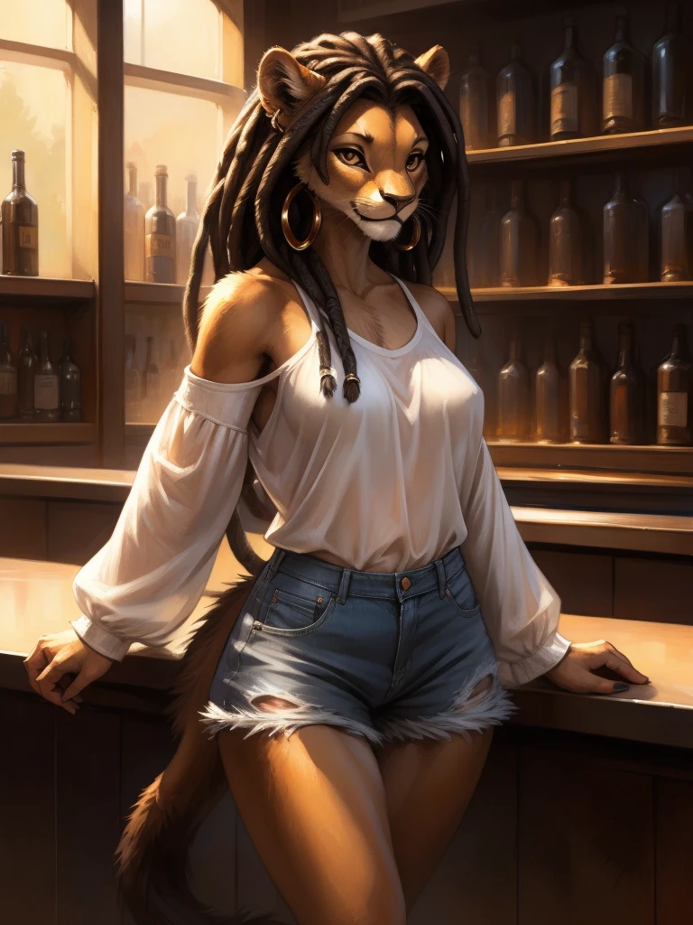 by kenket, by totesfleisch8, (by thebigslick, by silverfox5213:0.8), (by syuro:0.2), а lion, female, in full growth, brown fur, light brown eyes, long black dreadlock hair, tail with a tassel, metal ring on tail, wearing short tight denim shorts, white semi-transparent T-shirt with elbow-length and wide sleeves, bare shoulders, black lace bra shines through clothes, metallic beads and hoop earrings in the ears, standing near bar counter,  hold black clutch bag
