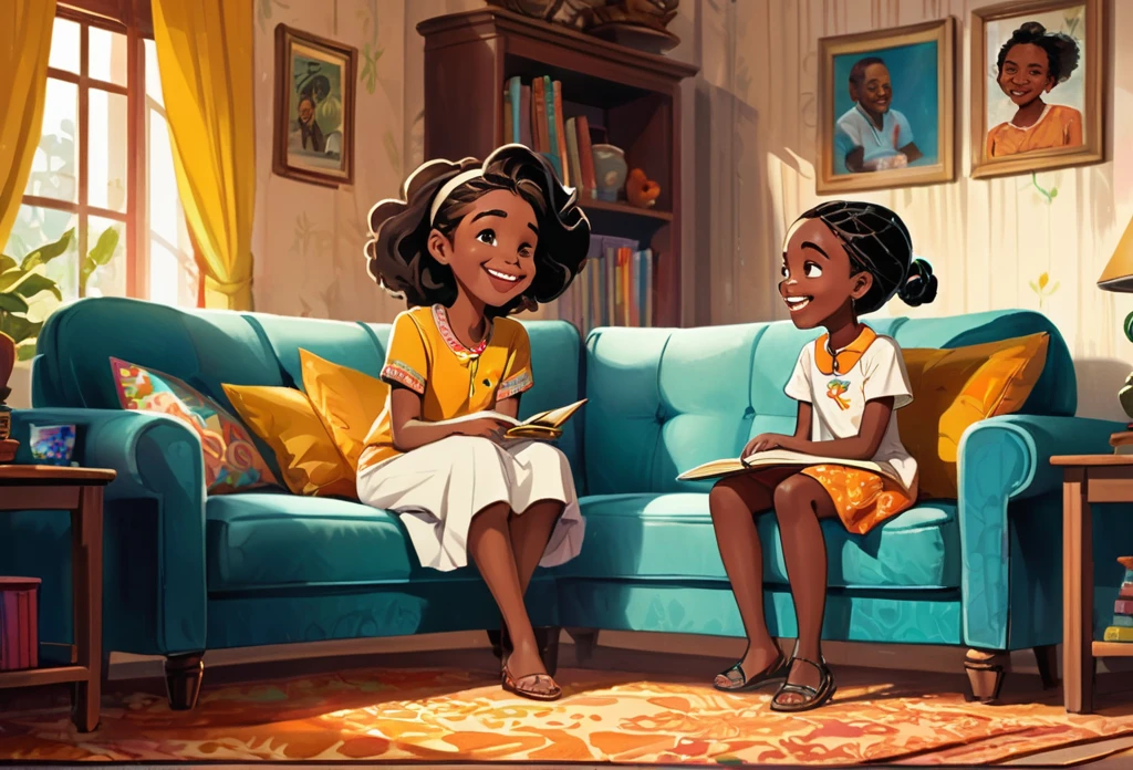 A girl of 11 years oldand her parents (African) in their beautiful home, seated on a sofa, talking and laughing (masterpiece best quality:1.2) delicate illustration ultra-detailed, (disney-related event) indoor, (classroom), detailed background, illustrations, bright, colourful,