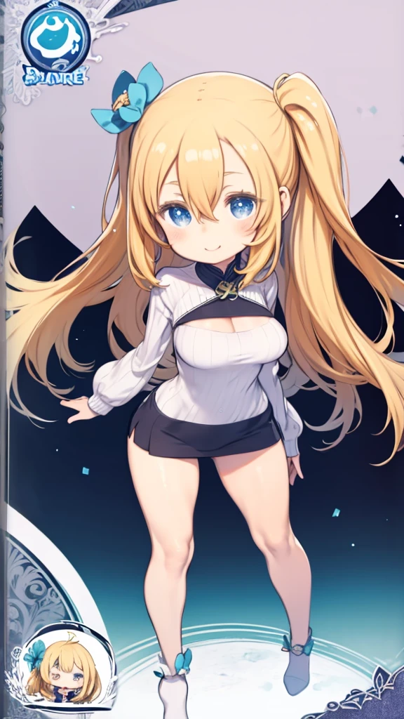 Front view、Front view、One Girl、Simple Background、(Chibi Character、Nendoroid、Big Head、Big eyes)、four-headed body、Long blonde、Blue Eyes、Hair between the eyes、red turtleneck sweater、Big Breasts、Huge breasts、upright、Are standing、Head to toe diagram、Clear contours、Beautiful Eyes、Full body view、Detailed facial depiction、Stand with your feet apart、Smiling、