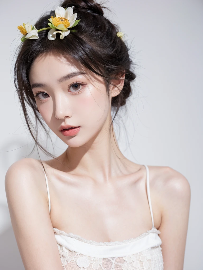 masterpiece,Best picture quality,Extreme details,Ultra-high resolution,Ultra-high definition,Beautiful young people,Glowing skin,thin,Black Hair,Half bun,1,big eyes,beautiful eyes,Lipstick,Exquisite facial features,Medium shot,Looking at the viewer, Tube Top Suspenders,Single tone background,White background,Soft light，Wear flowers on your head