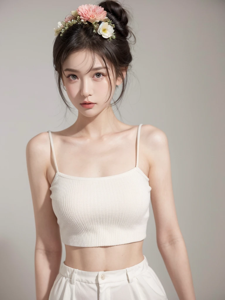 masterpiece,Best picture quality,Extreme details,Ultra-high resolution,Ultra-high definition,Beautiful young people,Glowing skin,thin,Black Hair,Half bun,1,big eyes,beautiful eyes,Lipstick,Exquisite facial features,Medium shot,Looking at the viewer, Tube Top Suspenders,Single tone background,White background,Soft light，Wear flowers on your head