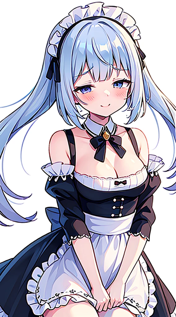 Masterpiece, Top Quality Anime Illustration, Super Detail, One Girl, Solo, Beautiful Girl with Silver Hair, Anime , maid dress, Super Short maid dress, Smile, Bare Skin Lateral Breast, Thigh Focus, Cleavage Emphasis, (white background)