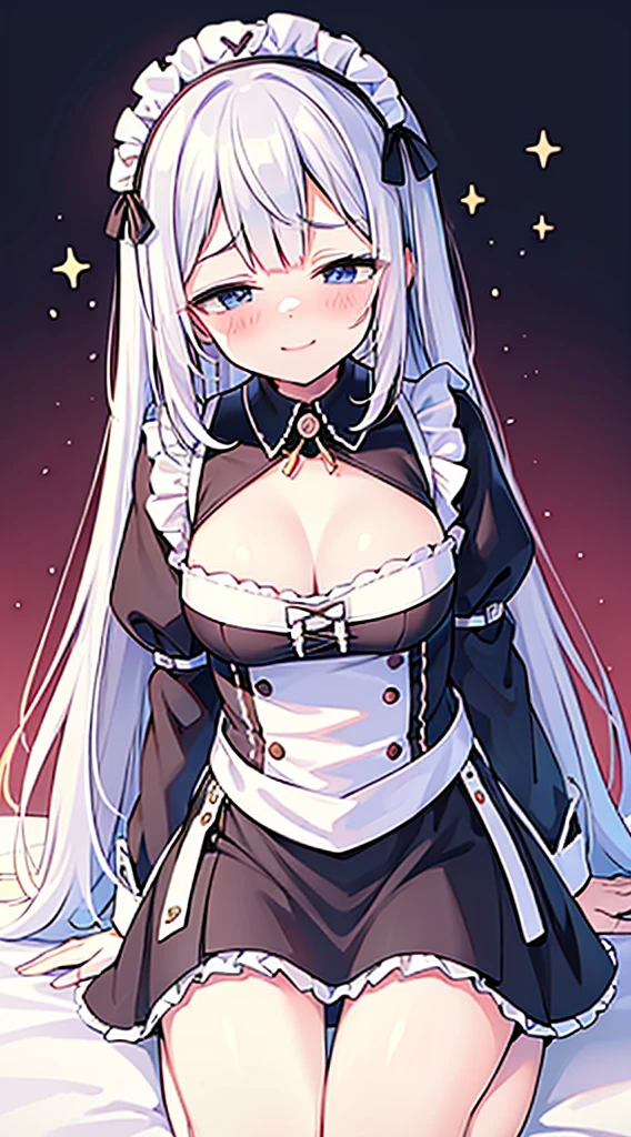 Masterpiece, Top Quality Anime Illustration, Super Detail, One Girl, Solo, Beautiful Girl with Silver Hair, Anime , maid dress, Super Short maid dress, Smile, Bare Skin Lateral Breast, Thigh Focus, Cleavage Emphasis, (white background)