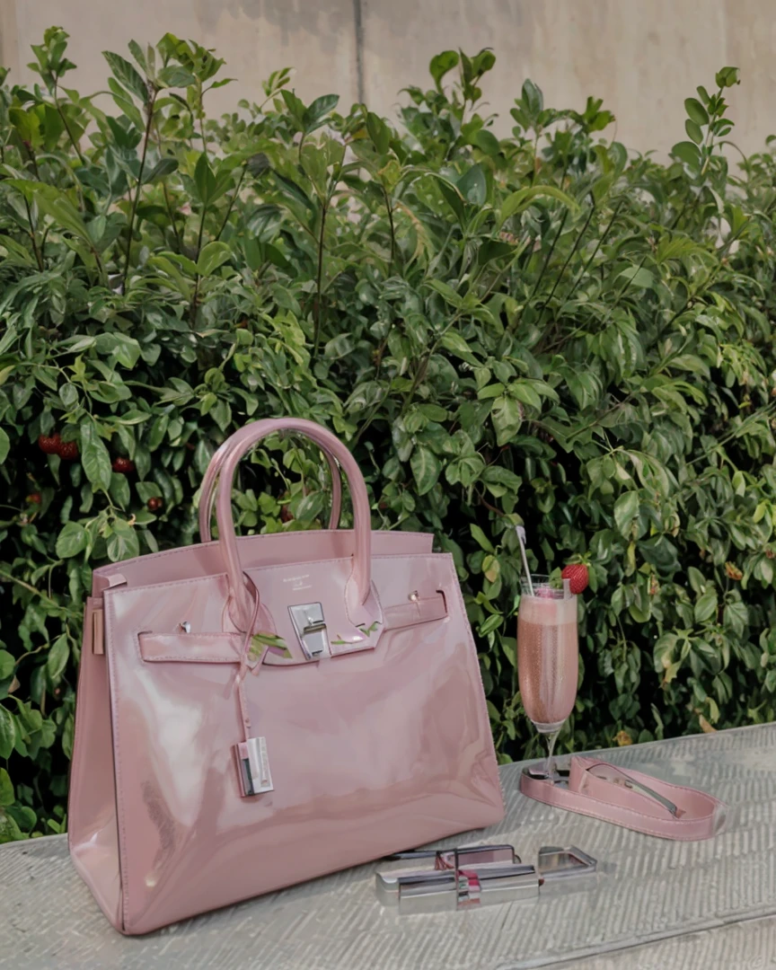 Real leaves , realistic leaves , hd , ysl lipgloss, chrome lipgloss, chrome silver , metal , real leather bag , Hermes bag  , realistic pink champagne , realistic strawberry , ultra quality , 8k