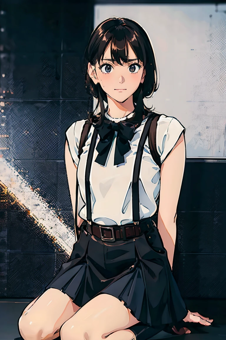 Black Skirt, suspenders, Brown hair Gray eyes, 脚にガーターbelt, Tight black clothes, belt Armpit sweat Bright expression Moderate bust holster Put your hands behind your back、Double Exposure 、(Kneeling pose),Expressing the city with multiple exposures,sit,