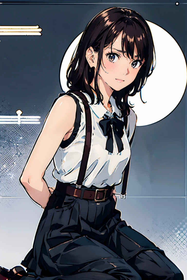 Black Skirt, 　suspenders, Brown hair Gray eyes, 脚にガーターbelt, Tight black clothes, 　　 belt　Armpit sweat　　Bright expression　Moderate bust　holster　Put your hands behind your back、Double Exposure 、（Kneeling pose），Expressing the city with multiple exposures,sit,
