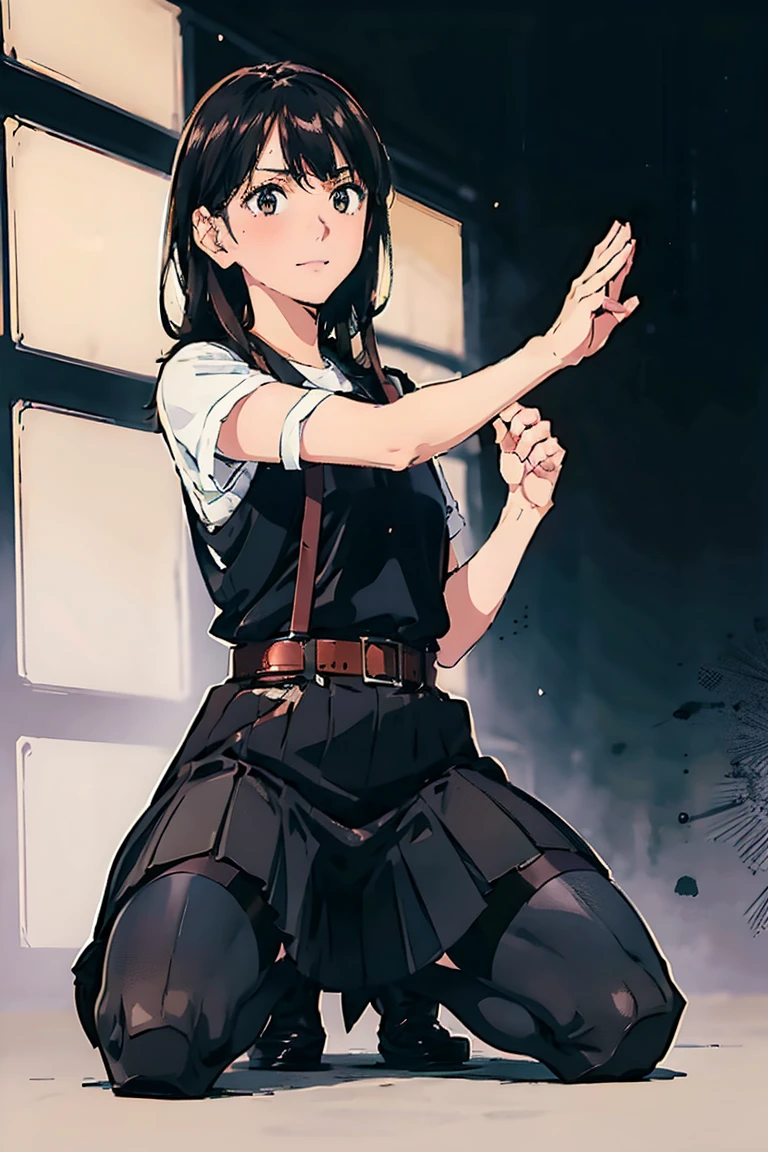 Black Skirt, 　suspenders, Brown hair Gray eyes, 脚にガーターbelt, Tight black clothes, 　　 belt　Armpit sweat　　Bright expression　Moderate bust　holster　Put your hands behind your back、Double Exposure 、（Kneeling pose），Expressing the city with multiple exposures,sit,
