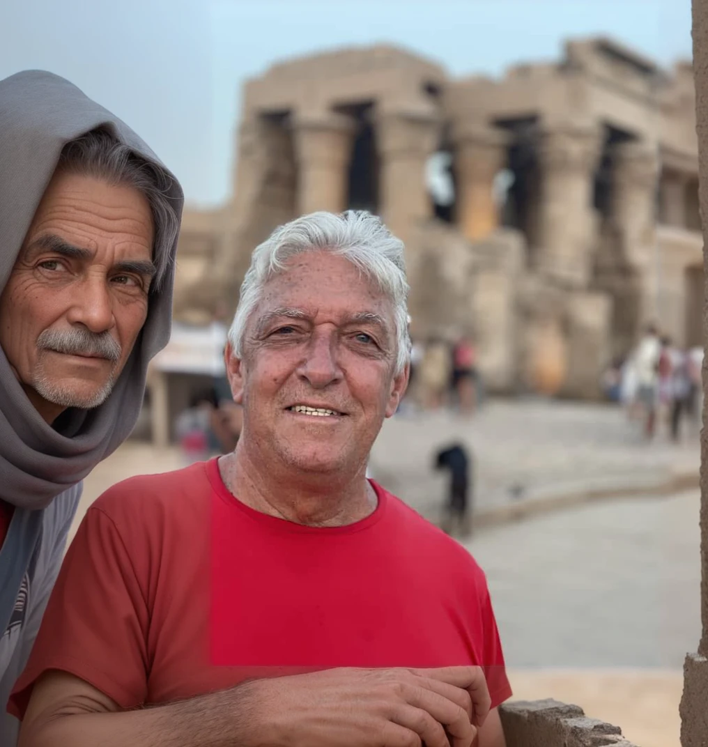 there is a man with red t-shirt that is standing, he is about 70 years old, ruins in the background, egypt