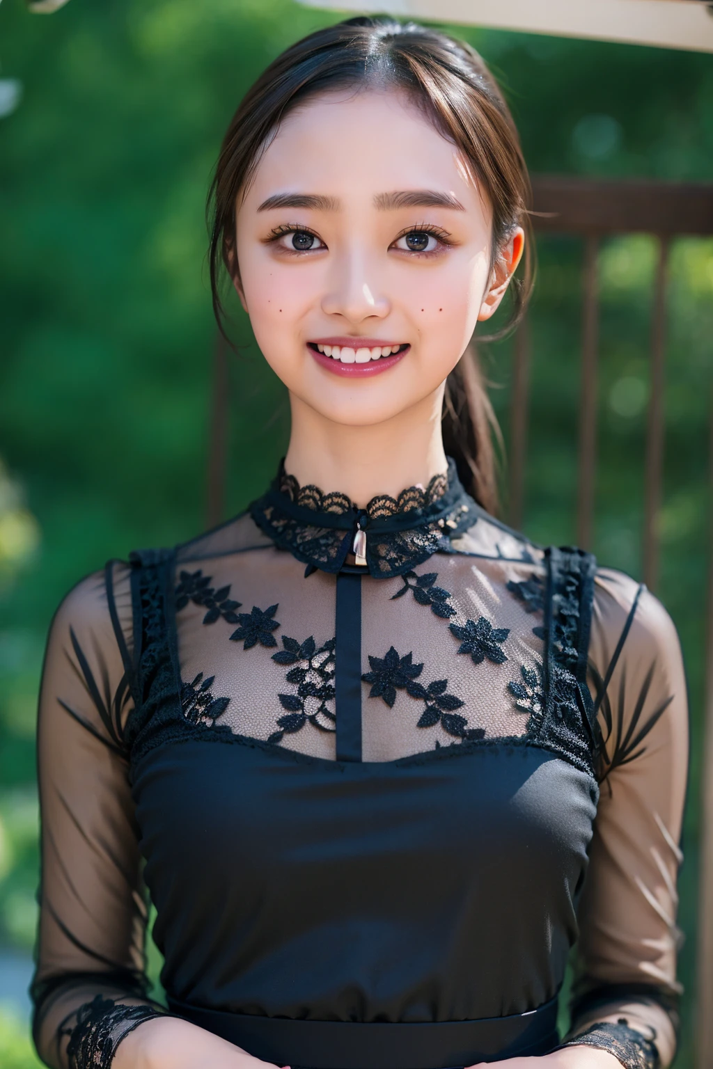 (((upper body shot))),Ultra-high resolution,big eyes,((brown eyes)),Japanese,(forehead),(a girl),(1 girl),((17 years old)),(cute),pretty,((facing at viewer)),arms behind back,grin,(((black lace clothes)))