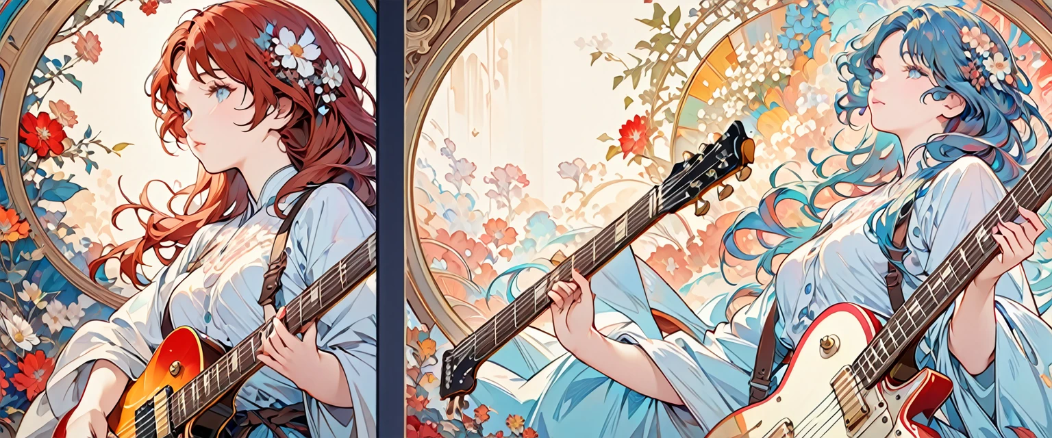 portrait of a electric guitar,Gibson,1 girl, long hair, floral frame, Decorative panels, abstract artistic, by Alphonse Mucha (Masterpiece, Best Quality, Highres:1.4), Detailed, Intricate Details, 4K, color splashes, line art, fibonacci,