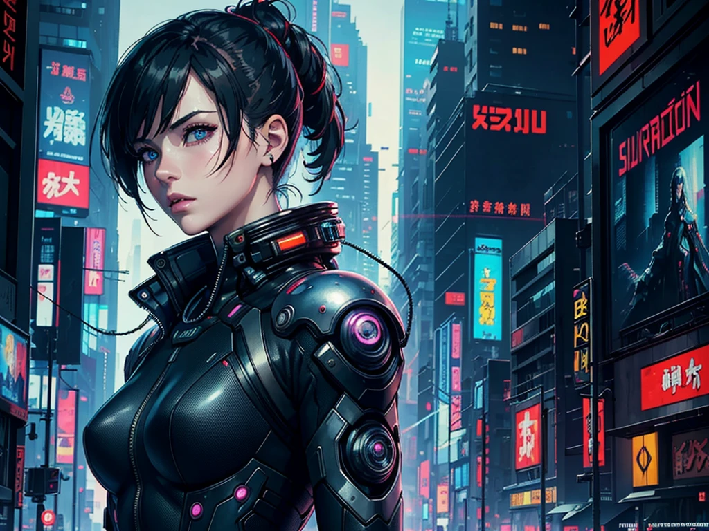 (masterpiece), (best quality), (very detailed), ((1 woman)), (cyberpunk), future city background, ghost in the shell, detailed eyes, Detailed nose, Detailed lips, perfect face, perfect body, Side face and upper body expression, Place a small person on the left side of the picture, movie poster, landscape