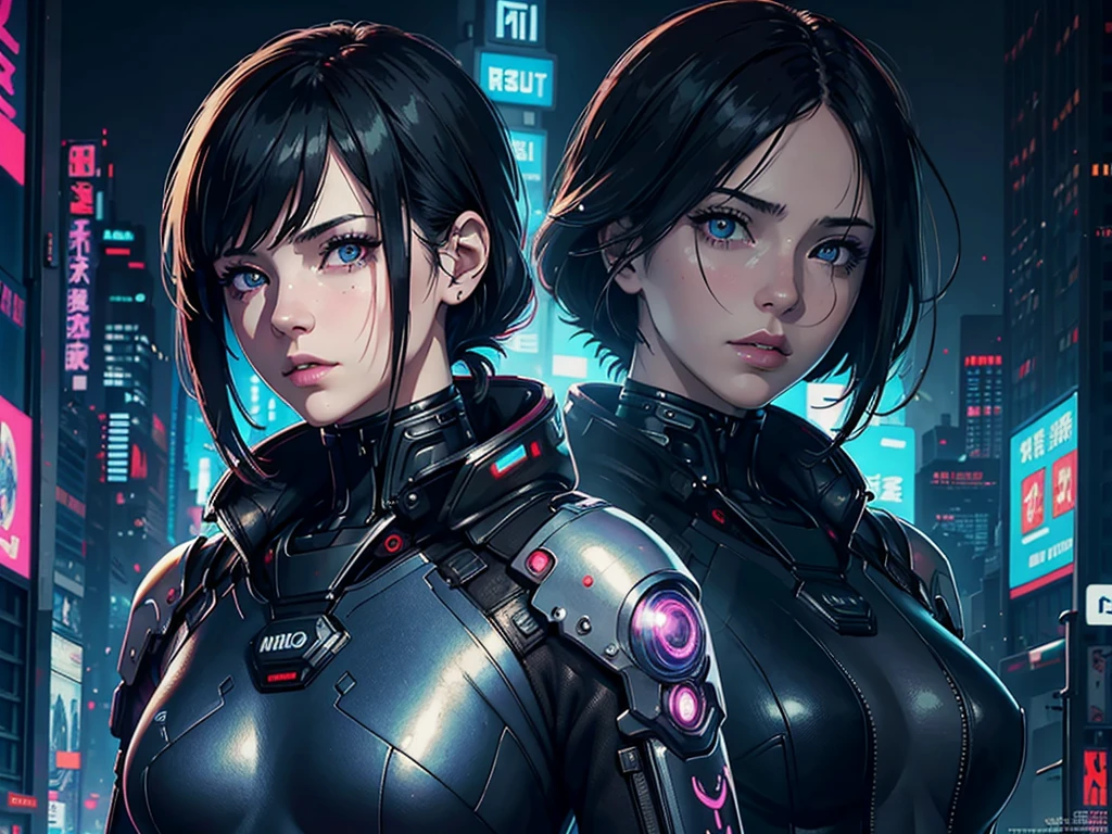 (masterpiece), (best quality), (very detailed), ((1 woman)), (cyberpunk), future city background, ghost in the shell, detailed eyes, Detailed nose, Detailed lips, perfect face, perfect body, Side face and upper body expression, Place a small person on the left side of the picture, movie poster, landscape