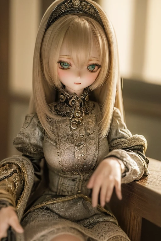 photorealistic, realistic photo, ((highest quality)), ((masterpiece)), (extremely detailed), kukolnydom, doll, (mature woman:1.6), solo, ((cowboy shot)), sitting on chair, green eyes, (looking down, blank eyes, empty eyes, detailed eyes:1.3), light smile, dress, castle, 8k