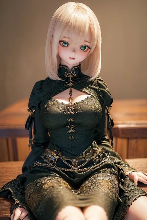photorealistic, realistic photo, ((highest quality)), ((masterpiece)), (extremely detailed), kukolnydom, doll, (mature woman:1.6), solo, ((cowboy shot)), sitting on chair, green eyes, (looking down, blank eyes, empty eyes, detailed eyes:1.3), light smile, dress, castle, 8k