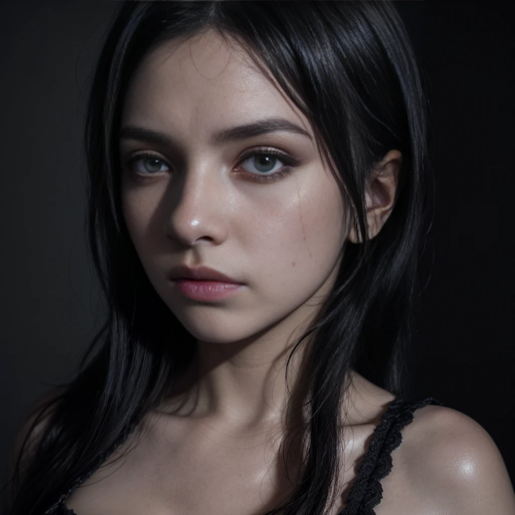 a gothic emo girl, dark intense eyes, beautiful piercing gaze, long eyelashes, extremely detailed facial features, black hair, emotive expression, sexy pose, cleavage visible, high quality, 8k, photorealistic, cinematic lighting, dark moody atmosphere, chiaroscuro lighting, dramatic shadows, dramatic color palette, rich textures, intricate details