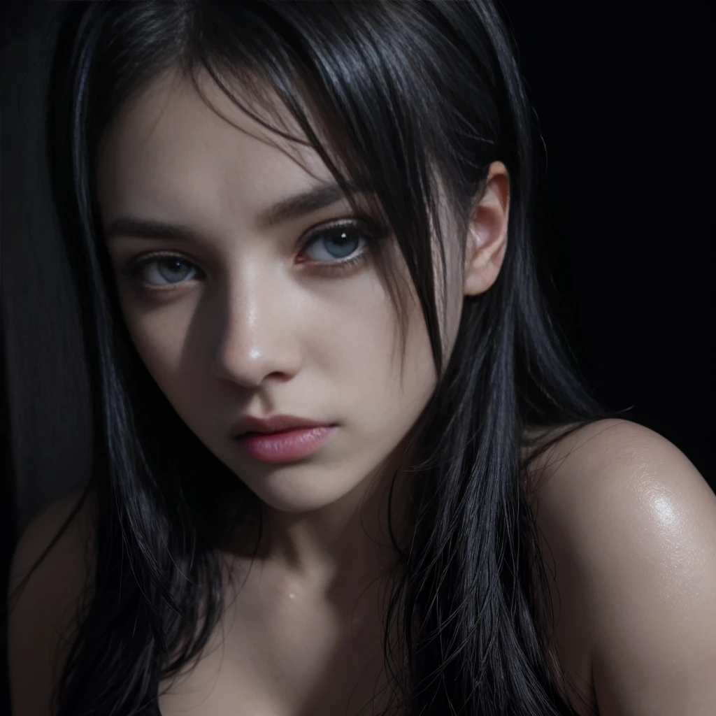 a gothic emo girl, dark intense eyes, beautiful piercing gaze, long eyelashes, extremely detailed facial features, black hair, emotive expression, sexy pose, cleavage visible, high quality, 8k, photorealistic, cinematic lighting, dark moody atmosphere, chiaroscuro lighting, dramatic shadows, dramatic color palette, rich textures, intricate details
