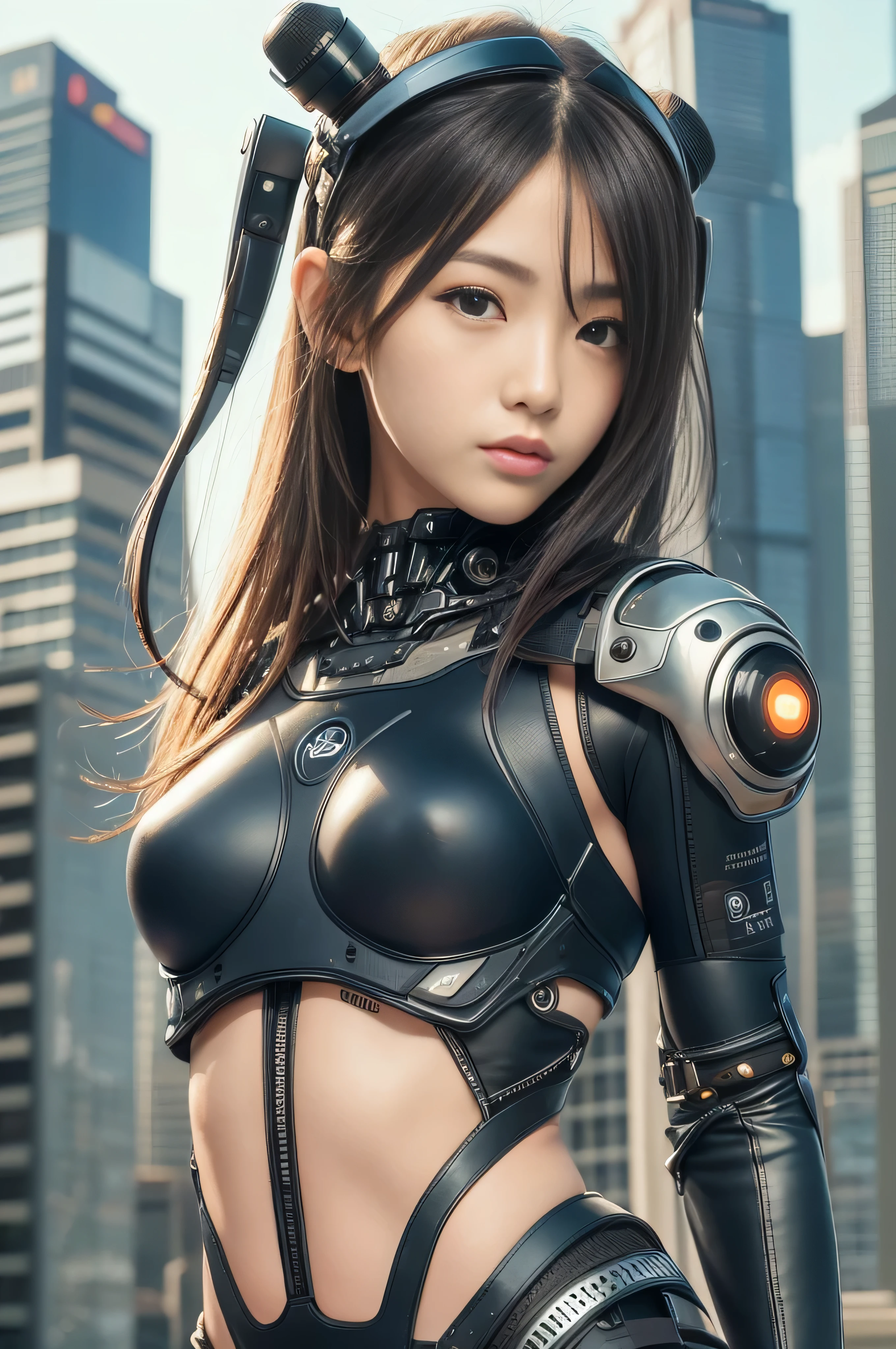 high quality, masterpiece, Two close friends, Beautiful age girl, skinny, small skinny girls, Cute girl face, You can see the bare skin next to her breasts, Bare skin visible through the gap, Pubic hair visible through the gap, cyber punk, Wearing futuristic robotic tactical armor cyber punk suit with cutouts showing abs, An athletic body, Innocent, Playful, Famous Japanese actresses, Very beautiful face