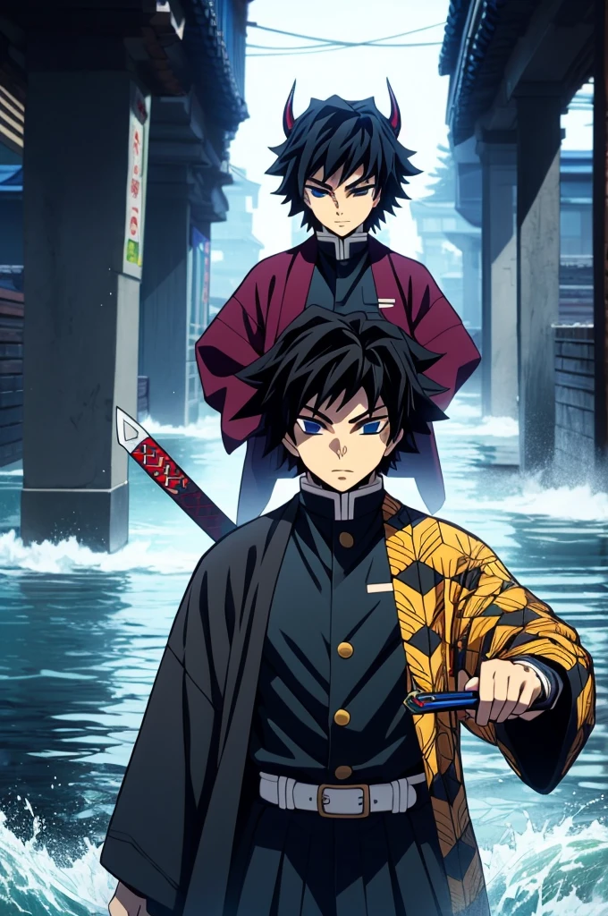 Yoshiyu Tomioka, Demon slayer, One boy, alone, Upper Body, water, Blue aura, flowing water, knife, sword, holding knife, Combat Stance, View your viewers, Long Hair, blue eyes, Black Hair, Are standing, Jacket, Male Focus, kimono, black Jacket, Demon slayer uniform,