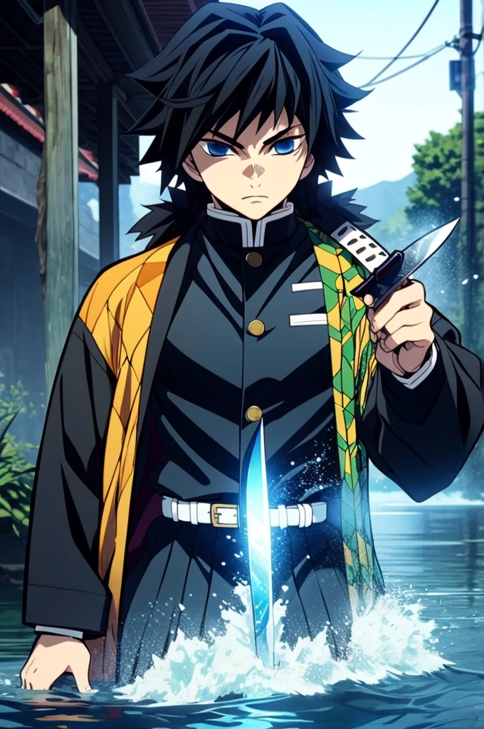 Yoshiyu Tomioka, Demon slayer, One boy, alone, Upper Body, water, Blue aura, flowing water, knife, sword, holding knife, Combat Stance, View your viewers, Long Hair, blue eyes, Black Hair, Are standing, Jacket, Male Focus, kimono, black Jacket, Demon slayer uniform,