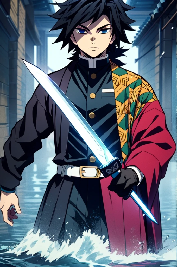 Yoshiyu Tomioka, Demon slayer, One boy, alone, Upper Body, water, Blue aura, flowing water, knife, sword, holding knife, Combat Stance, View your viewers, Long Hair, blue eyes, Black Hair, Are standing, Jacket, Male Focus, kimono, black Jacket, Demon slayer uniform,