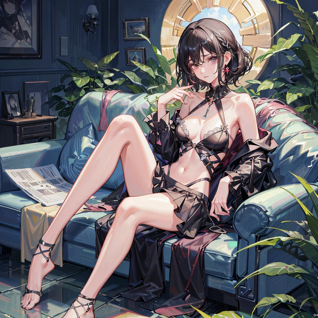((((absurdres, RAW photo, extremely delicate and beautiful, masterpiece, Best Quality, ultra high resolution, 32k, hyperrealistic, ultra-detailed)))), in her 20s, very Slim body, narrow waist, very small head, very small face, delicate facial features, beautiful face, beautiful eyes, very huge round tits, medium hair, black hair, wavy hair, tearful mole, earring, full body shot, off-the-shoulder cut top, sofa,