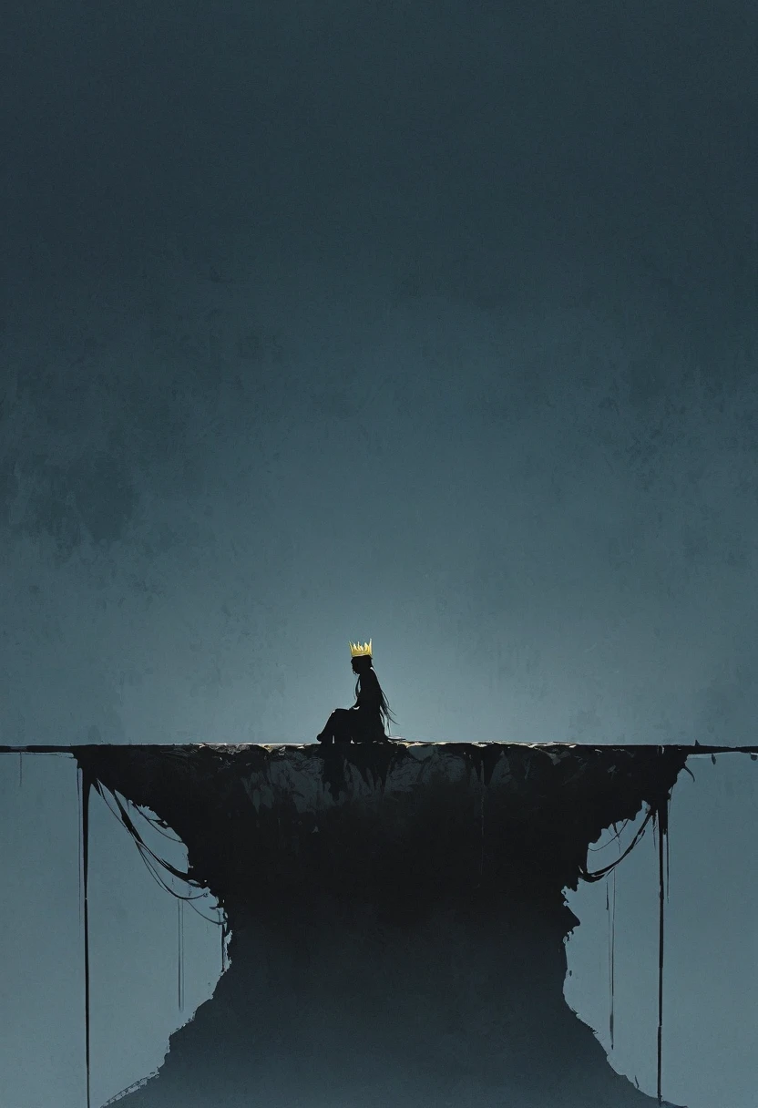 A simple one,Minimalist illustration, girl sitting on the edge of the cliff,A golden crown on his head,loneliness,On the edge of a cliff,Suspension,bridge,Gold and royal blue