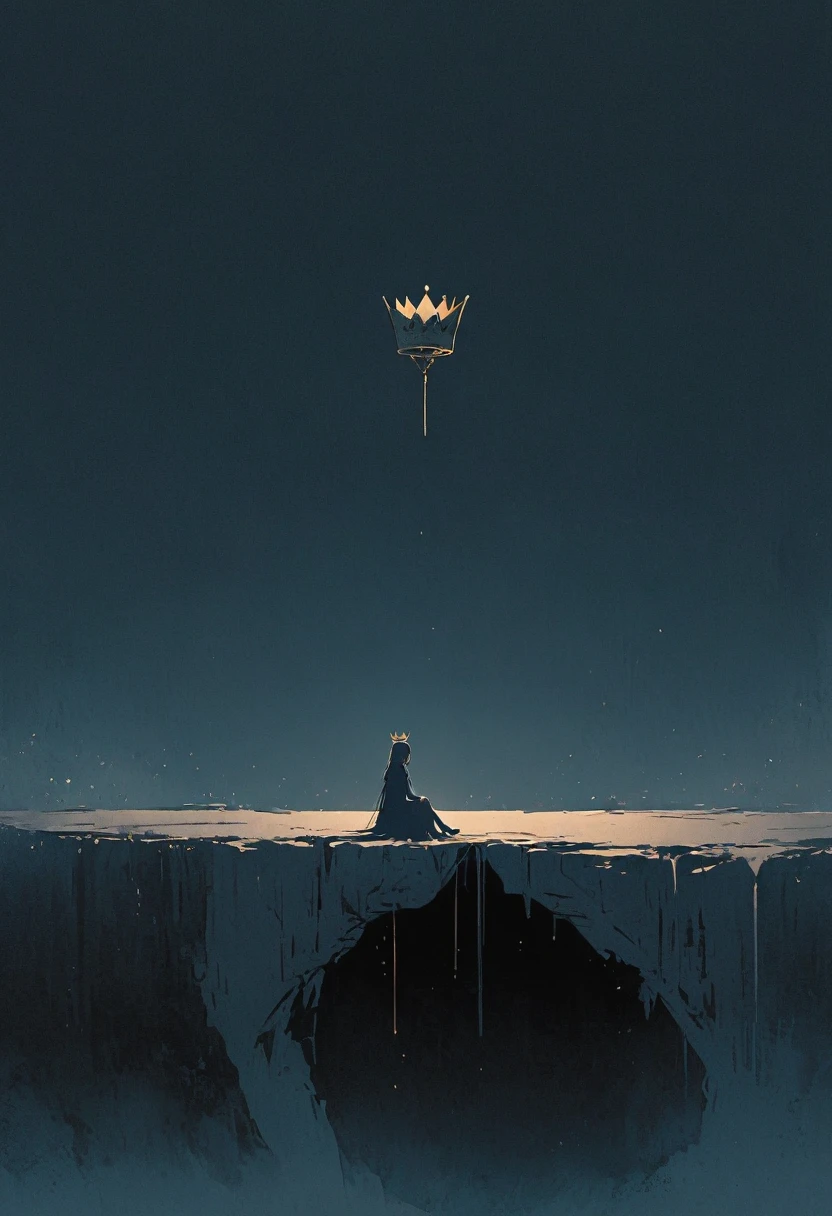 A simple one,Minimalist illustration, girl sitting on the edge of the cliff,A golden crown on his head,loneliness,On the edge of a cliff,Suspension,bridge,Gold and royal blue