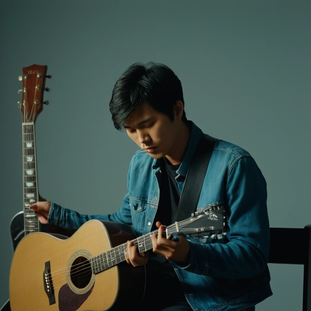 UHD, 4k, ultra detailed, cinematic, a photograph of  noise:1
Film grain still image of a asian man sitting on a stool playing a guitar,solo,short hair,shirt,black hair,1boy,sitting,jacket,closed eyes,male focus,pants,mouth hold,denim,instrument,cigarette,realistic,music,smoking,guitar,playing instrument , cinematic look, film look, filmic, contrast, detailed, high quality, sharp image, film color, Kodak Motion Picture Film style, different color, different people, different look, different style, 35MM Film, 16MM Film, Photographic film, music video style, artistic style, cinematic style, film granularity, film noise, image noise, artistic effect, Fujicolor, Fuji film, Analog photography, movie style, movie still, Film grain overlay, Film Grain style, epic, beautiful lighting, inpsiring