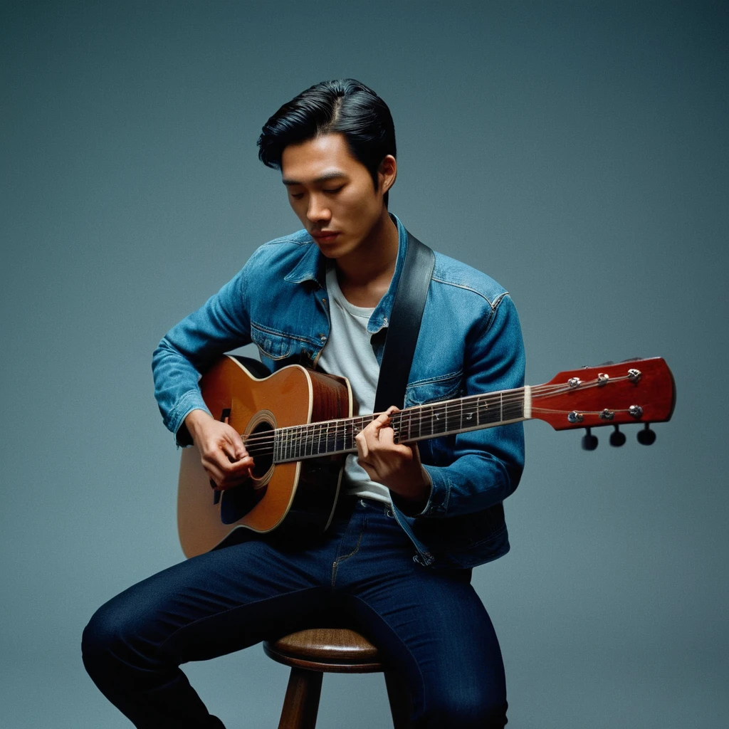 UHD, 4k, ultra detailed, cinematic, a photograph of  noise:1
Film grain still image of a asian man sitting on a stool playing a guitar,solo,short hair,shirt,black hair,1boy,sitting,jacket,closed eyes,male focus,pants,mouth hold,denim,instrument,cigarette,realistic,music,smoking,guitar,playing instrument , cinematic look, film look, filmic, contrast, detailed, high quality, sharp image, film color, Kodak Motion Picture Film style, different color, different people, different look, different style, 35MM Film, 16MM Film, Photographic film, music video style, artistic style, cinematic style, film granularity, film noise, image noise, artistic effect, Fujicolor, Fuji film, Analog photography, movie style, movie still, Film grain overlay, Film Grain style, epic, beautiful lighting, inpsiring