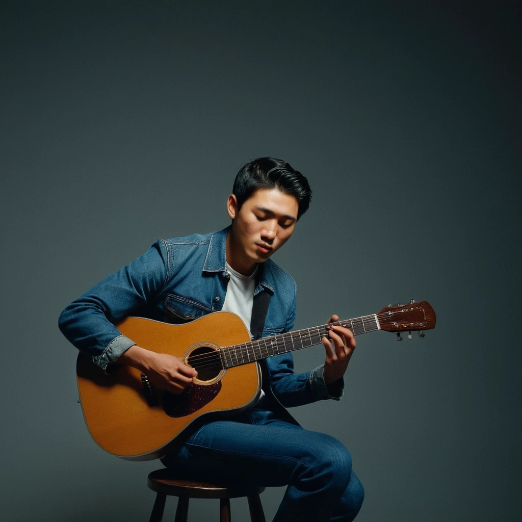 UHD, 4k, ultra detailed, cinematic, a photograph of  noise:1
Film grain still image of a asian man sitting on a stool playing a guitar,solo,short hair,shirt,black hair,1boy,sitting,jacket,closed eyes,male focus,pants,mouth hold,denim,instrument,cigarette,realistic,music,smoking,guitar,playing instrument , cinematic look, film look, filmic, contrast, detailed, high quality, sharp image, film color, Kodak Motion Picture Film style, different color, different people, different look, different style, 35MM Film, 16MM Film, Photographic film, music video style, artistic style, cinematic style, film granularity, film noise, image noise, artistic effect, Fujicolor, Fuji film, Analog photography, movie style, movie still, Film grain overlay, Film Grain style, epic, beautiful lighting, inpsiring