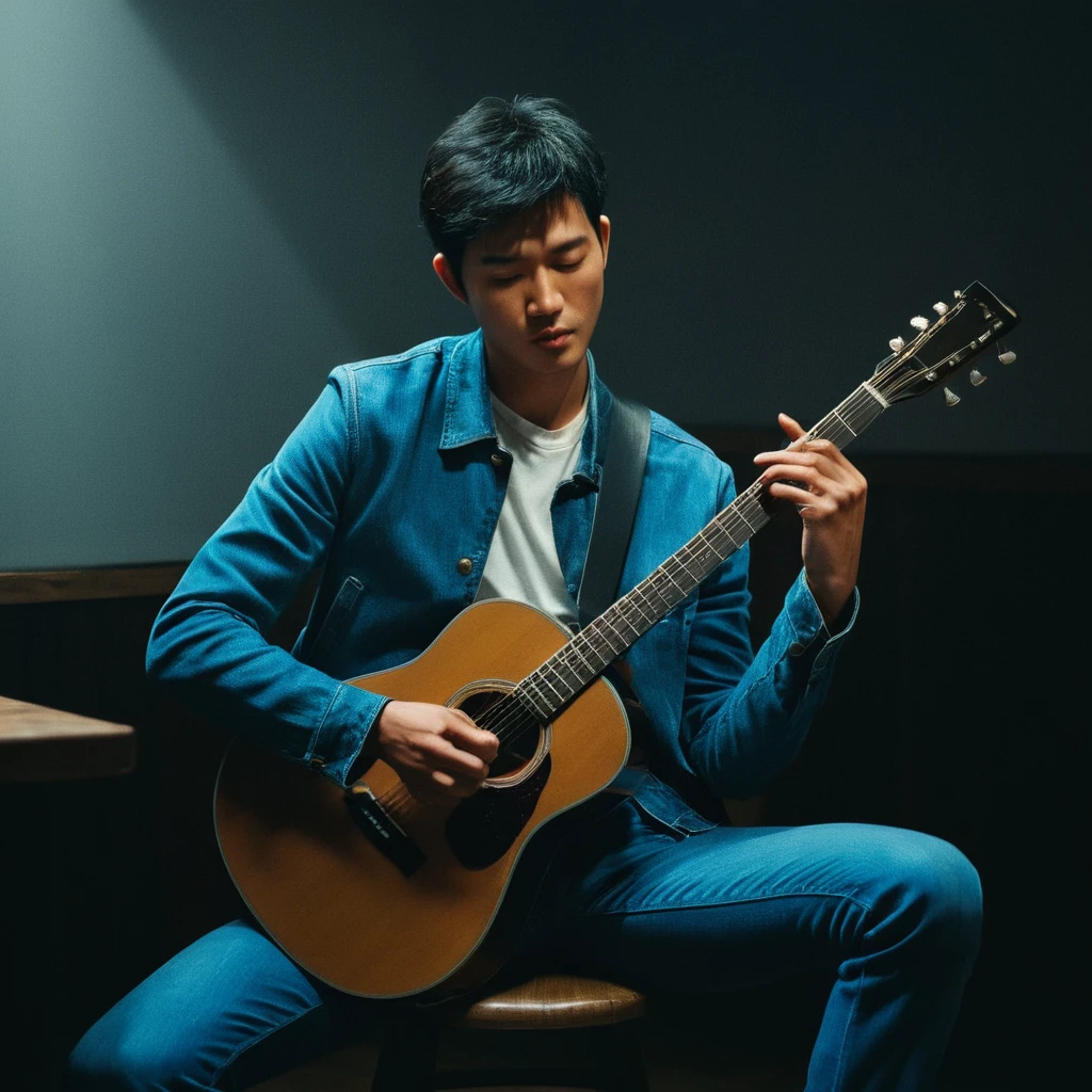 UHD, 4k, ultra detailed, cinematic, a photograph of  noise:1
Film grain still image of a asian man sitting on a stool playing a guitar,solo,short hair,shirt,black hair,1boy,sitting,jacket,closed eyes,male focus,pants,mouth hold,denim,instrument,cigarette,realistic,music,smoking,guitar,playing instrument , cinematic look, film look, filmic, contrast, detailed, high quality, sharp image, film color, Kodak Motion Picture Film style, different color, different people, different look, different style, 35MM Film, 16MM Film, Photographic film, music video style, artistic style, cinematic style, film granularity, film noise, image noise, artistic effect, Fujicolor, Fuji film, Analog photography, movie style, movie still, Film grain overlay, Film Grain style, epic, beautiful lighting, inpsiring