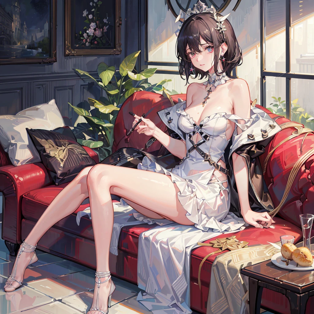 ((((absurdres, RAW photo, extremely delicate and beautiful, masterpiece, Best Quality, ultra high resolution, 32k, hyperrealistic, ultra-detailed)))), in her 20s, very Slim body, narrow waist, very small head, very small face, delicate facial features, beautiful face, beautiful eyes, very huge round tits, medium hair, black hair, wavy hair, tearful mole, earring, full body shot, off-the-shoulder cut top, sofa,