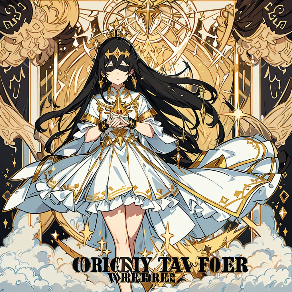 Woman , very long black hair with a golden bang , a long white skirt with gold justice accessories, a golden blindfold with a gold justice balance in her hand , goddess of justice 
