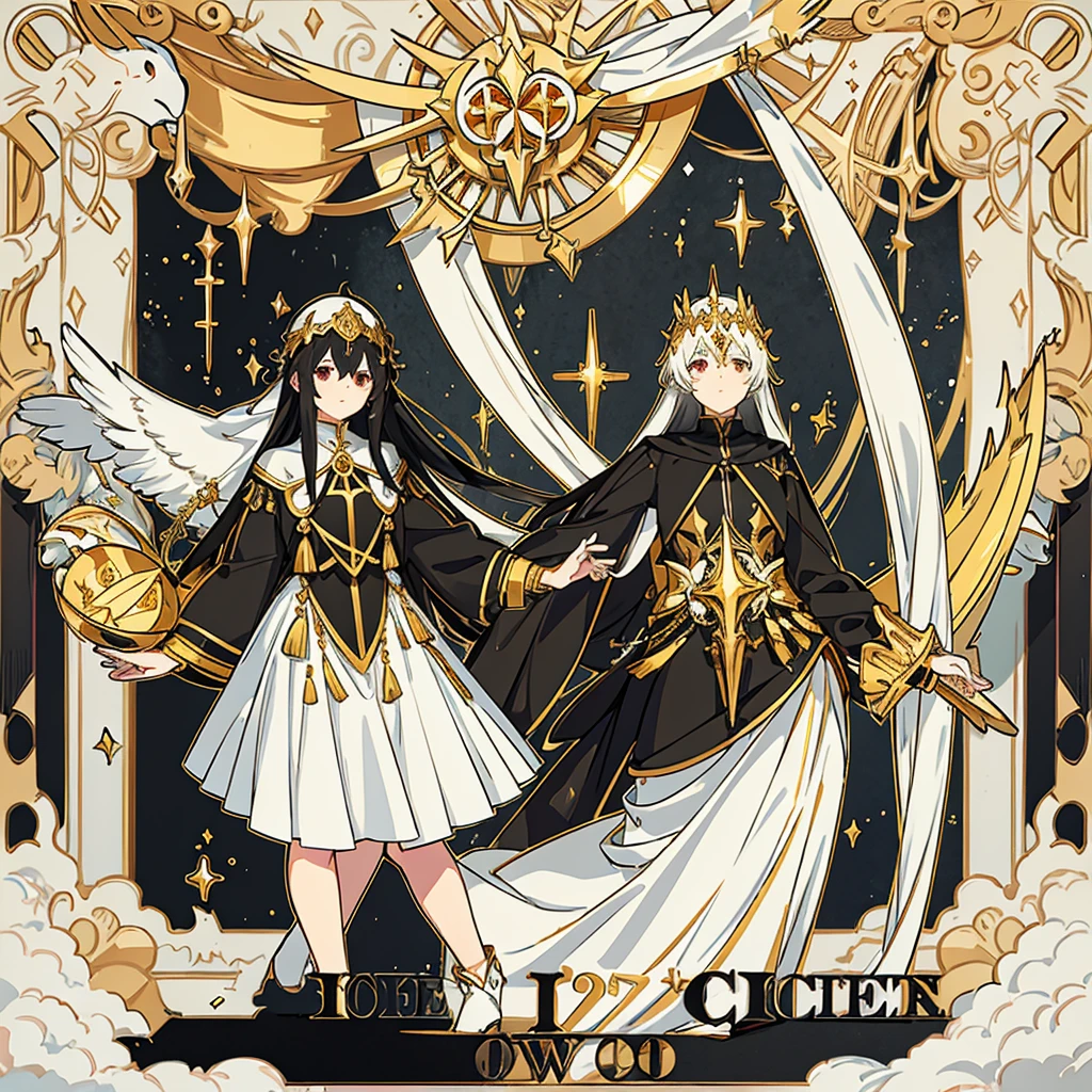 Woman , very long black hair with a golden bang , a long white skirt with gold justice accessories, a golden blindfold with a gold justice balance in her hand , goddess of justice