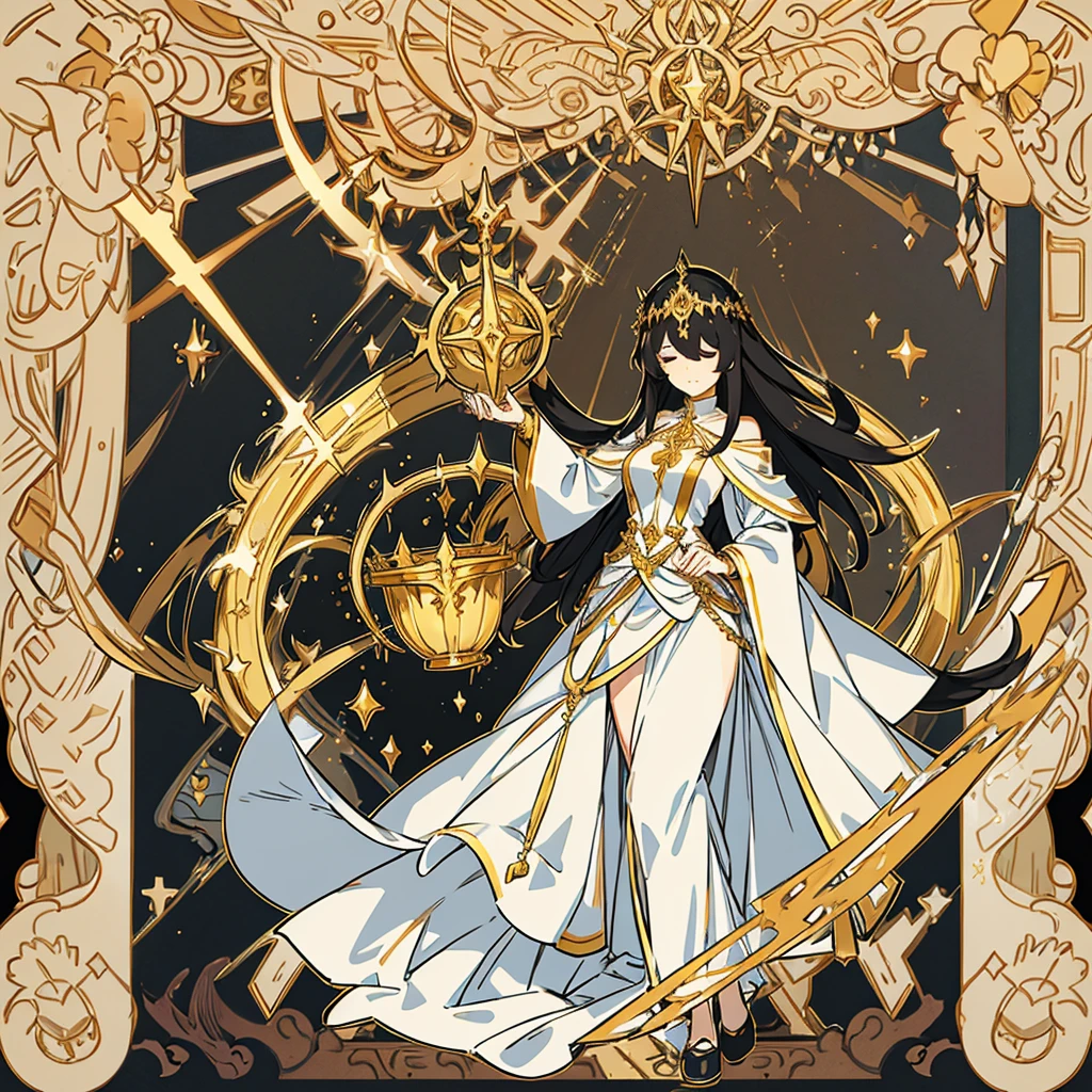 Woman , very long black hair with a golden bang , a long white skirt with gold justice accessories, a golden blindfold with a gold justice balance in her hand , goddess of justice