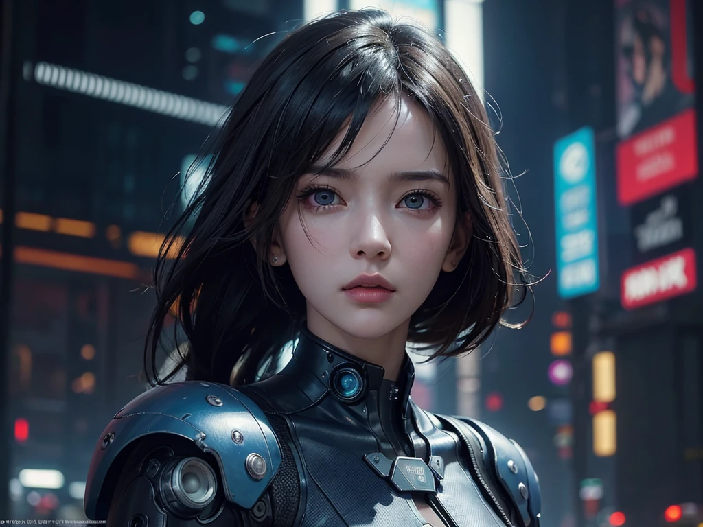 (masterpiece), (best quality), (very detailed), ((1 woman)), (cyberpunk), future city background, ghost in the shell, detailed eyes, Detailed nose, Detailed lips, perfect face, perfect body, Side face and upper body expression, Place a small person on the left side of the picture, movie poster, landscape