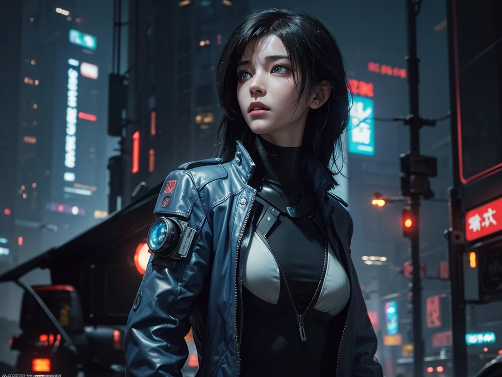 (masterpiece), (best quality), (very detailed), ((1 woman)), (cyberpunk), future city background, ghost in the shell, detailed eyes, Detailed nose, Detailed lips, perfect face, perfect body, Side face and upper body expression, Place a small person on the left side of the picture, movie poster, landscape