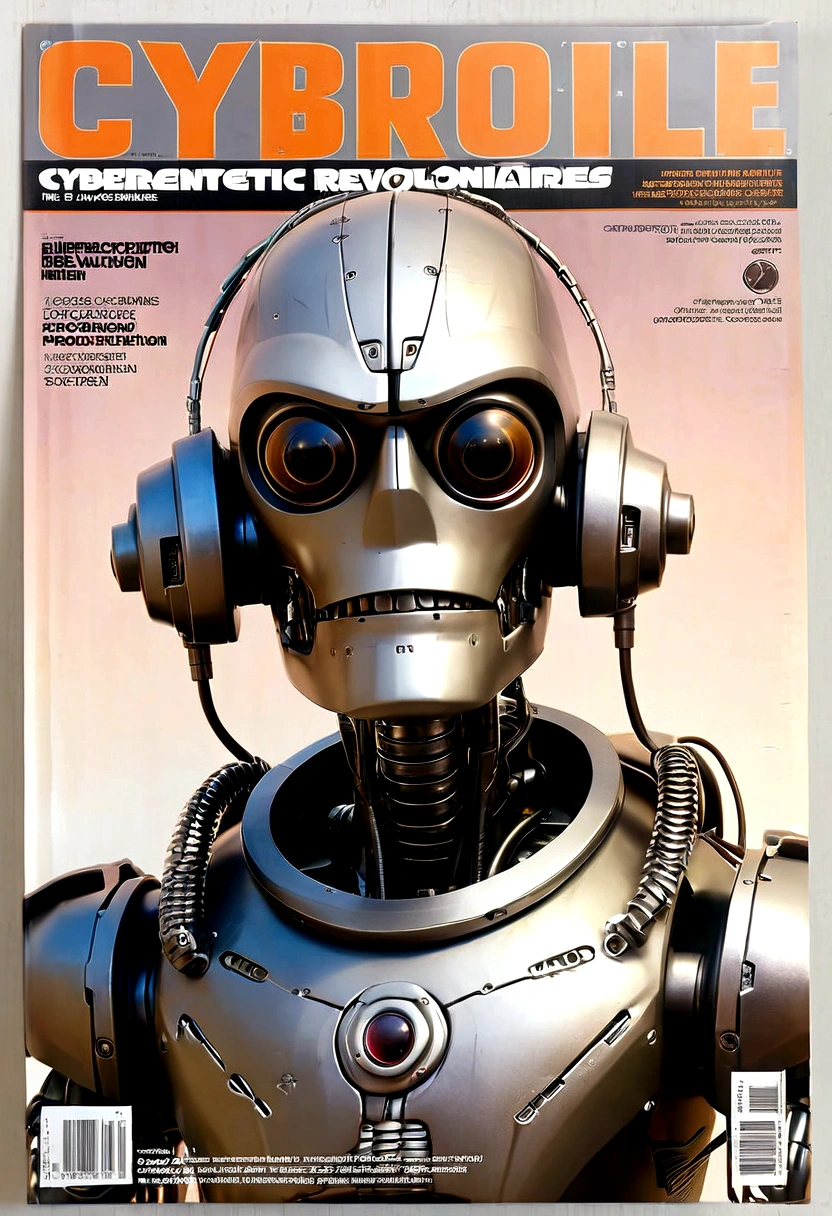 Cybernetic Revolutionaries, european male, magazine cover, poster art , Lovecraftian horror robot, bold huge text, matted design layout, strong, bold inking techniques, Metallic Silver and Gunmetal Gray: These colors are often used to represent the metallic components of cyborgs, giving them a sleek and futuristic appearance.
