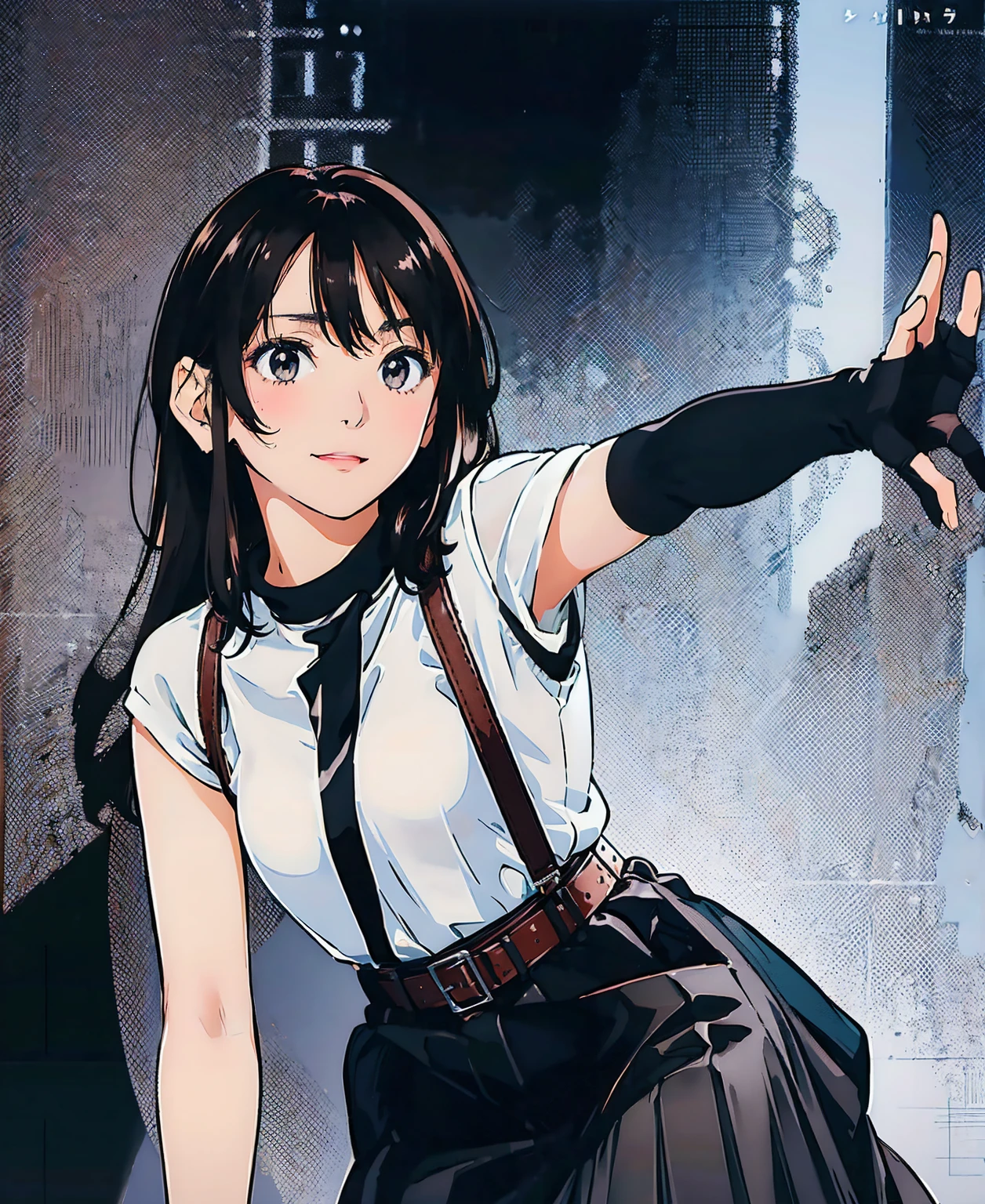 Black Skirt, 　suspenders, Brown hair Gray eyes, 脚にガーターbelt, Tight black clothes, 　　 belt　Armpit sweat　　Bright expression　Moderate bust　holster　Put your hands behind your back、Double Exposure 、（Kneeling pose），Expressing the city with multiple exposures,sit