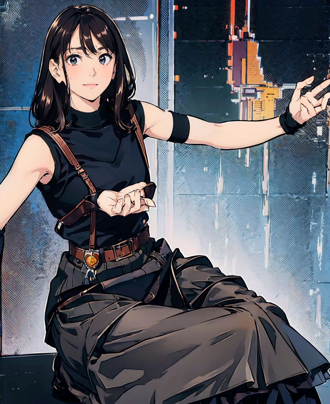 Black Skirt, suspenders, Brown hair Gray eyes, 脚にガーターbelt, Tight black clothes, belt Armpit sweat Bright expression Moderate bust holster Put your hands behind your back、Double Exposure 、(Kneeling pose),Expressing the city with multiple exposures,sit