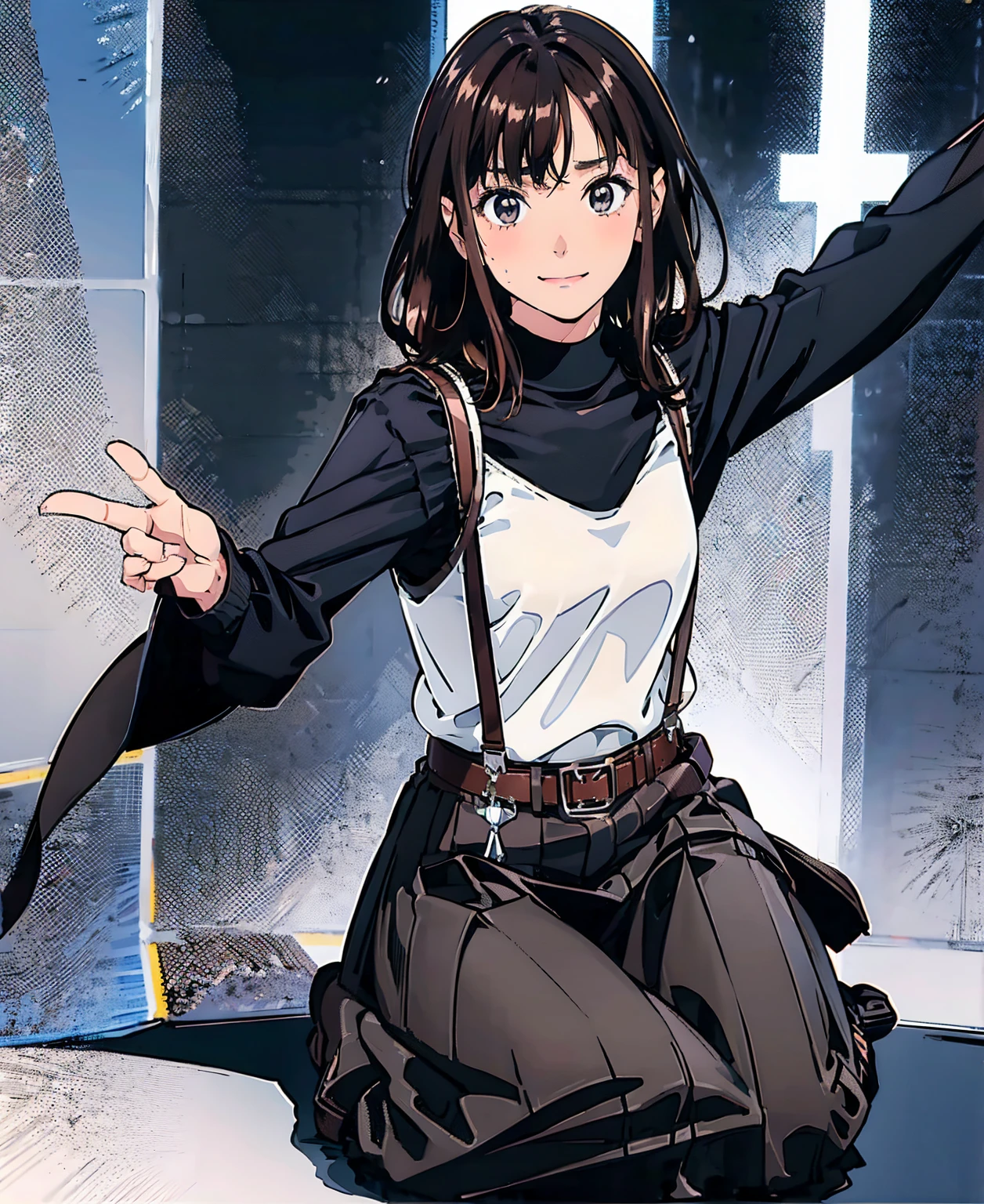 Black Skirt, 　suspenders, Brown hair Gray eyes, 脚にガーターbelt, Tight black clothes, 　　 belt　Armpit sweat　　Bright expression　Moderate bust　holster　Put your hands behind your back、Double Exposure 、（Kneeling pose），Expressing the city with multiple exposures,sit