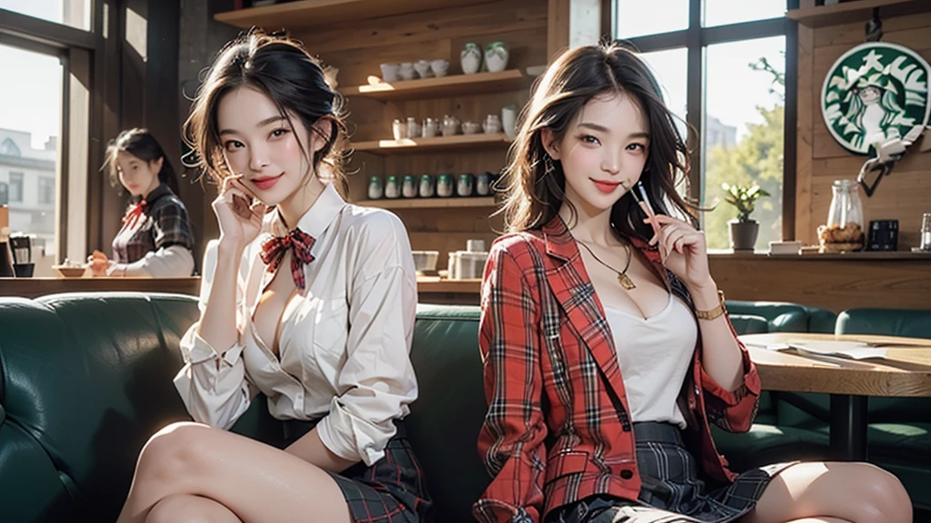 8K、RAW Photos、Highest quality、Super detailed、Super Resolution、Ultra HD、8K壁紙、Amazing details blazer uniform girl ((White blouse with formal collar, A nice red blazer, Black plaid skirt, Red checkered ribbon on blouse)), Complete limbs, Full Finger,
((((Inside the Starbucks store))))、 old female student、(((Eat cake、Drink coffee、smile)))、Heart Necklace、Gold bracelet
((Emphasize cleavage))
((((Woman sitting at the window seat))))