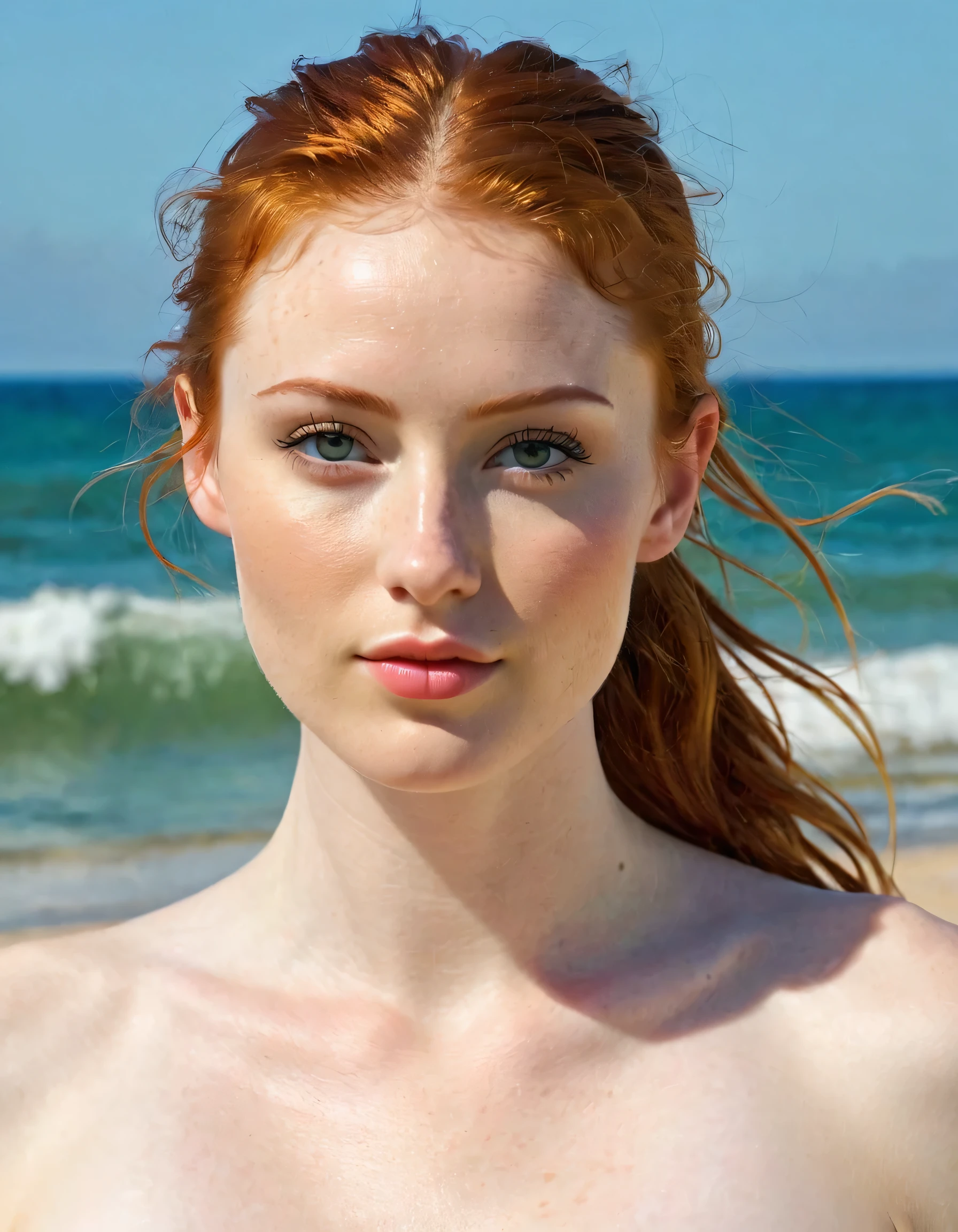Photography full body of a very beautiful realistic girl, in the beach, porcelain skin, very light skin, very pale skin, redhead, wavy, pony tail, Detail of skin structure, hazel eyes, Slit eyes, small-nose, small nostril, think of arched eyebrows, thick lower lip, seductive glance, happy face, unique face, Wear a bikini, detailed photo, foto realista, Masterpiece Image, sharp image, clear daylight outside