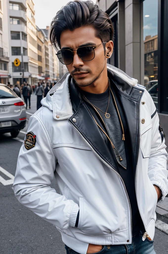 A man wearing expensive jacket and sunglasses which is attractive and beautiful and his hands are in jackets pocket also he is wearing a headphone on a neck which is in white color make sure character