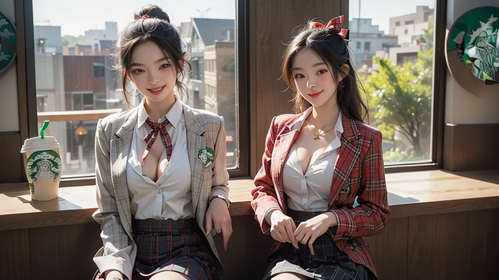 8K、RAW Photos、Highest quality、Super detailed、Super Resolution、Ultra HD、8K壁紙、Amazing details blazer uniform girl ((White blouse with formal collar, A nice red blazer, Black plaid skirt, Red checkered ribbon on blouse)), Complete limbs, Full Finger, 
((((Inside the Starbucks store))))、16 year old female student、(((Eat cake、Drink coffee、smile)))、Heart Necklace、Gold bracelet
((Emphasize cleavage))
((((Woman sitting at the window seat))))
