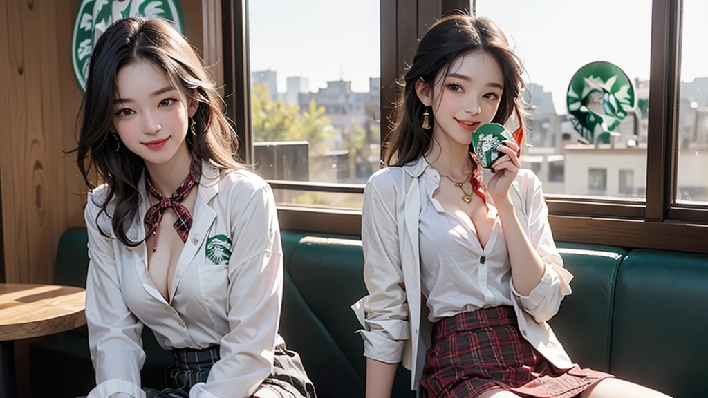 8K、RAW Photos、Highest quality、Super detailed、Super Resolution、Ultra HD、8K壁紙、Amazing details blazer uniform girl ((White blouse with formal collar, A nice red blazer, Black plaid skirt, Red checkered ribbon on blouse)), Complete limbs, Full Finger,
((((Inside the Starbucks store))))、16 year old female student、(((Eat cake、Drink coffee、smile)))、Heart Necklace、Gold bracelet
((Emphasize cleavage))
((((Woman sitting at the window seat))))