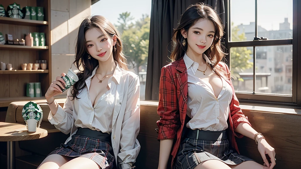 8K、RAW Photos、Highest quality、Super detailed、Super Resolution、Ultra HD、8K壁紙、Amazing details blazer uniform girl ((White blouse with formal collar, A nice red blazer, Black plaid skirt, Red checkered ribbon on blouse)), Complete limbs, Full Finger, 
((((Inside the Starbucks store))))、16 year old female student、(((Eat cake、Drink coffee、smile)))、Heart Necklace、Gold bracelet
((Emphasize cleavage))
((((Woman sitting at the window seat))))
