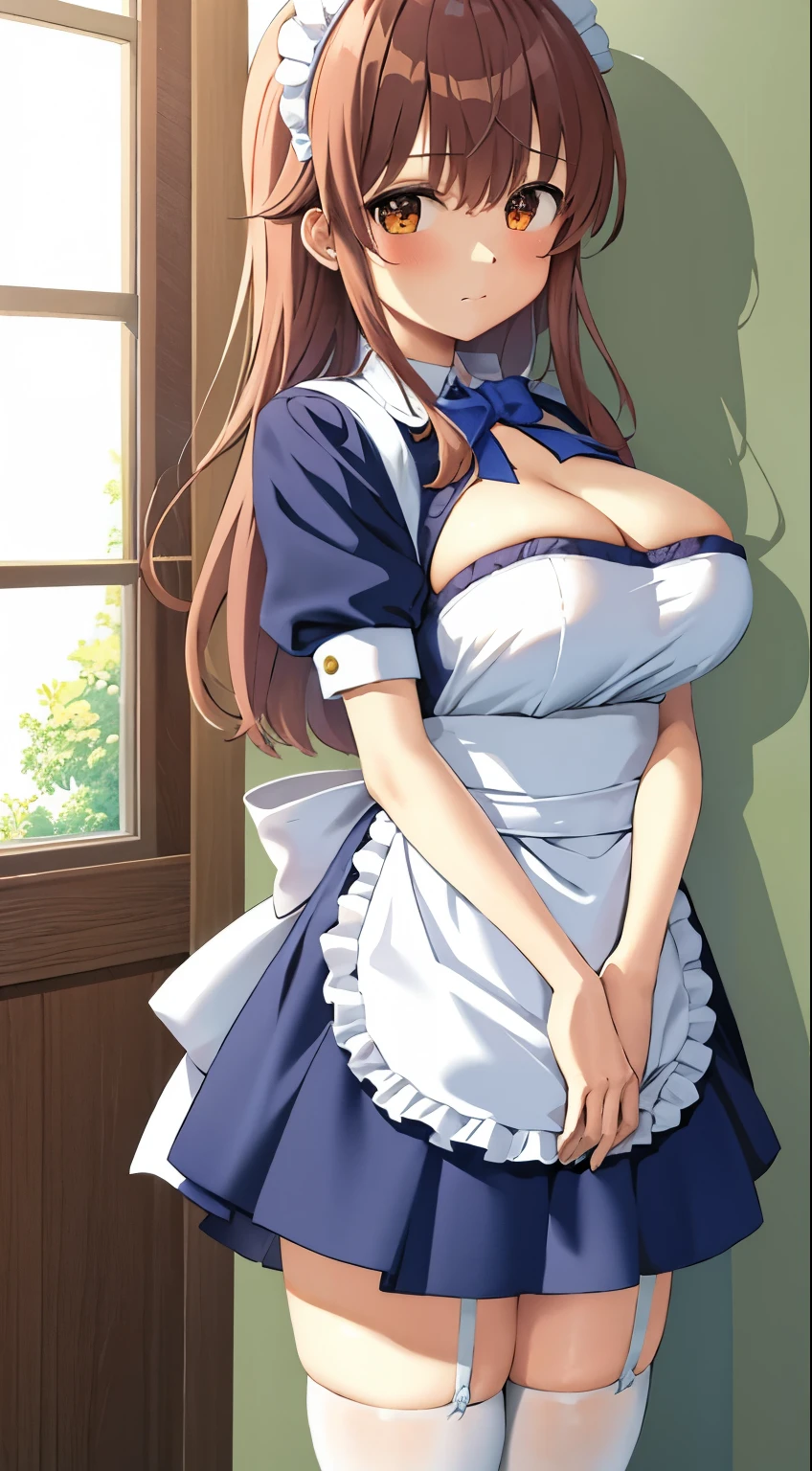 best quality, masterpiece, highly detailed, illustration, 1girl, solo, yoshida yuuko \(machikado mazoku\), shamiko, (maid), cleavage, white thigh highs, glossy lips, closed mouth, standing