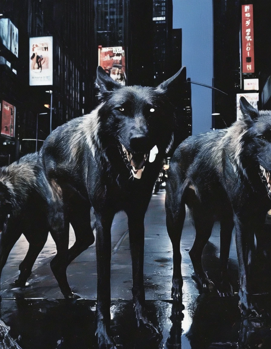 humanoid wolves in new york street at night, night city background